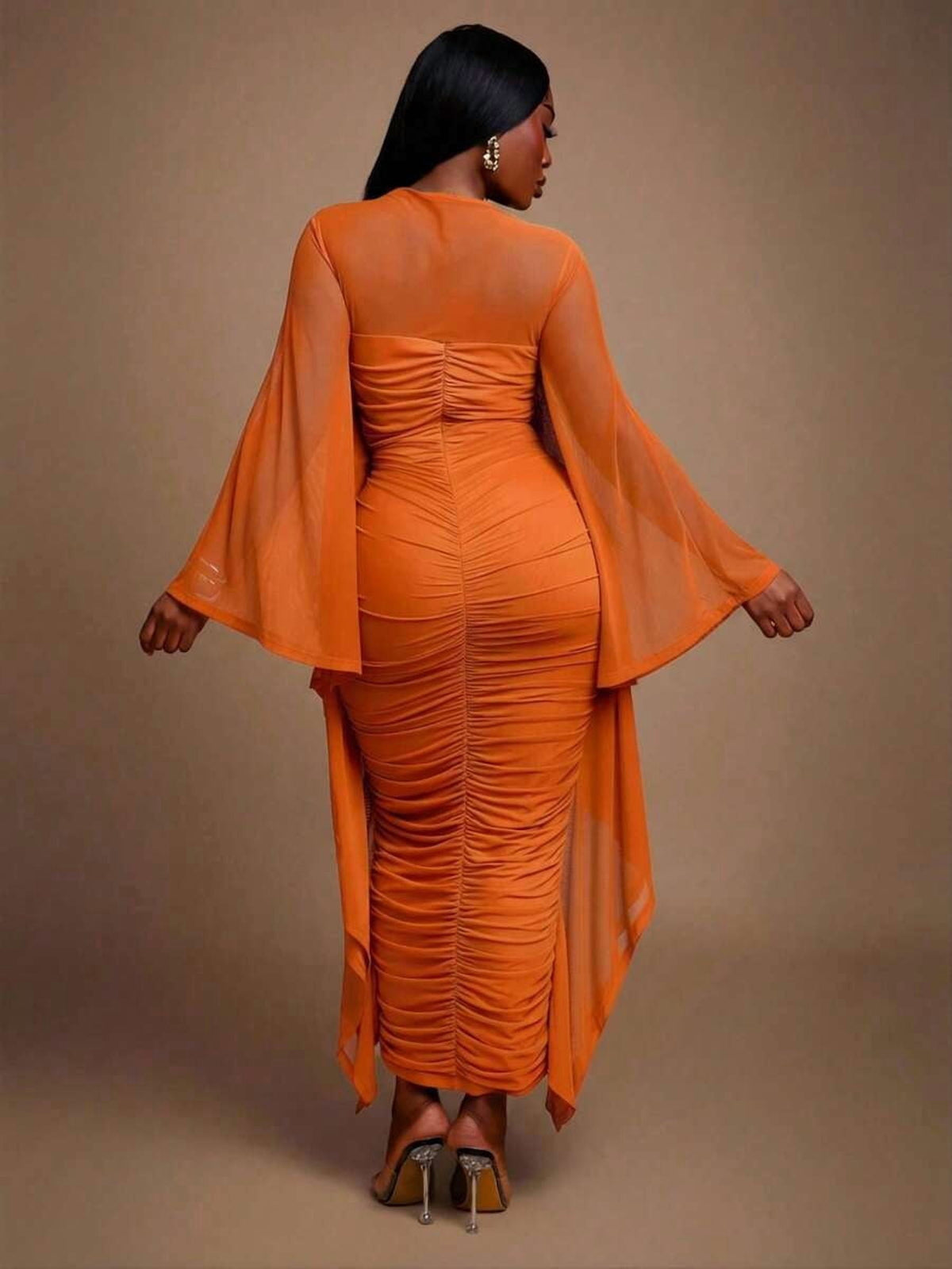 thumbnail image 2 of Womens Orange Ruched Long Sleeve Sheath Dress With Kimono Sleeve, 2 of 6
