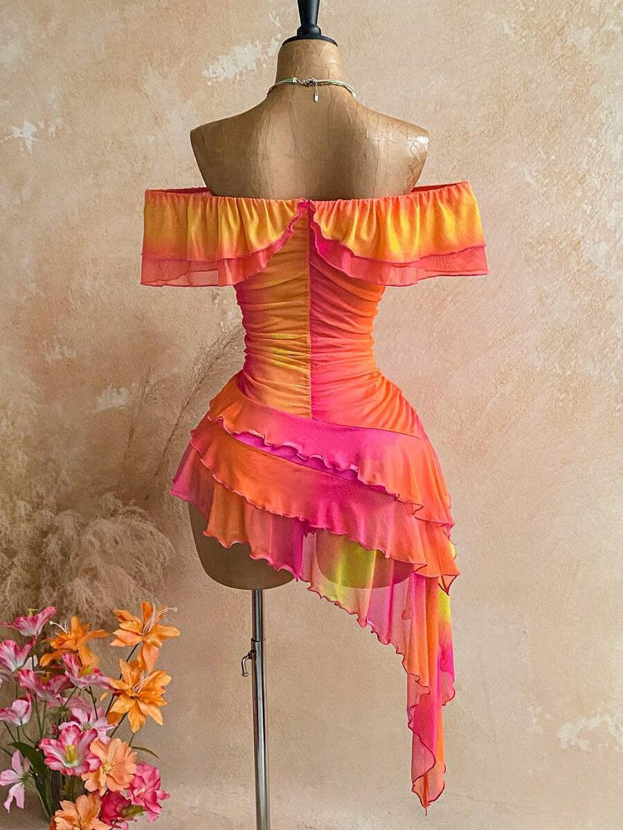 thumbnail image 2 of Multicolor Off-Shoulder Ruffle Asymmetrical Hem Boho Dress For Women, 2 of 30