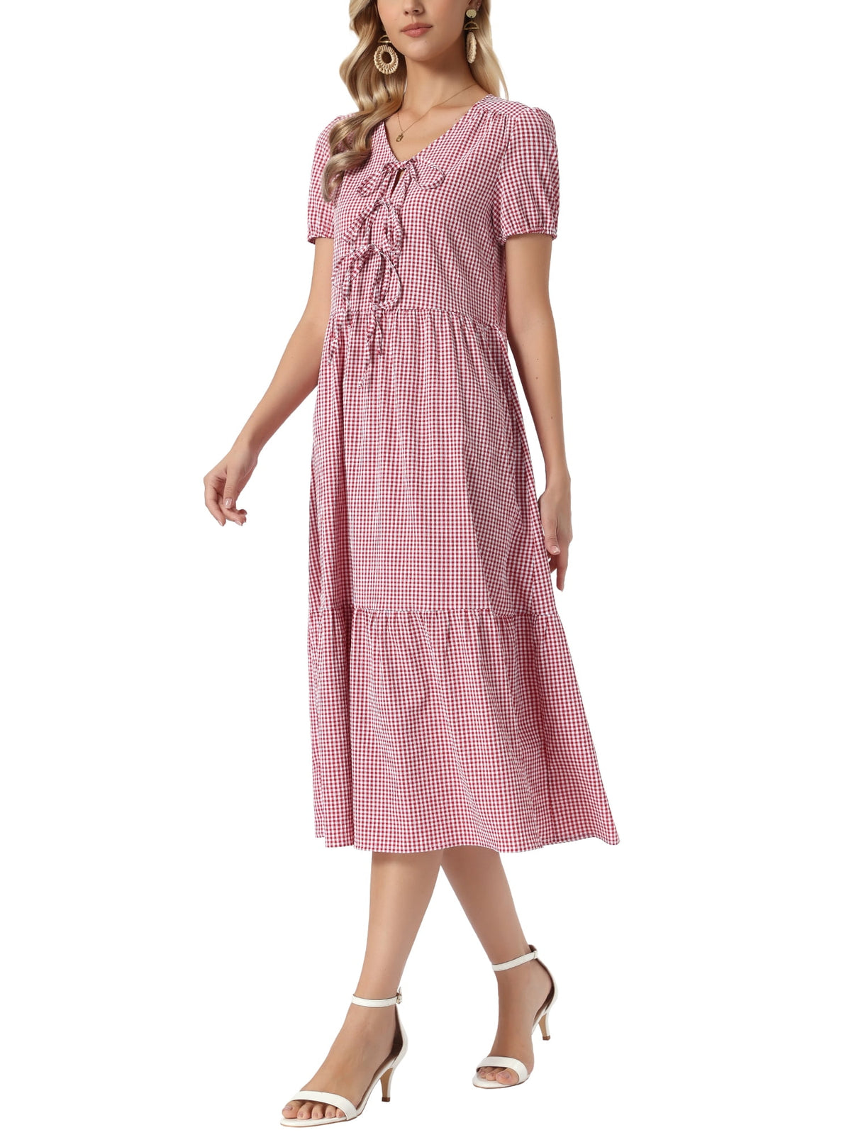 thumbnail image 2 of INSPIRE CHIC Women's Gingham Dress V Neck Short Sleeve Midi Dress XS Dark Red, 2 of 4