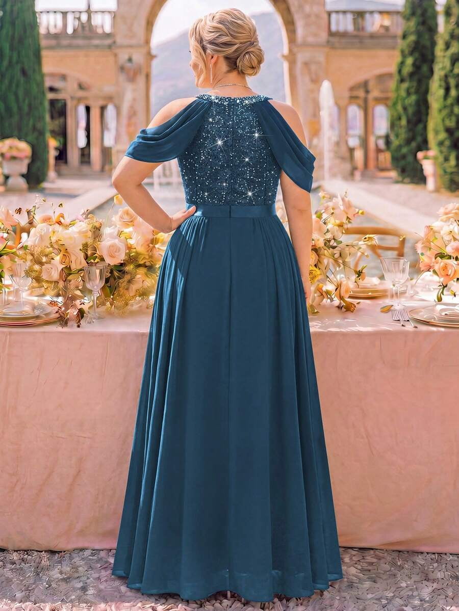 thumbnail image 2 of Plus Size Dusty Blue Sequin V-Neck Cold Shoulder Cape Sleeve Pleated, 2 of 9