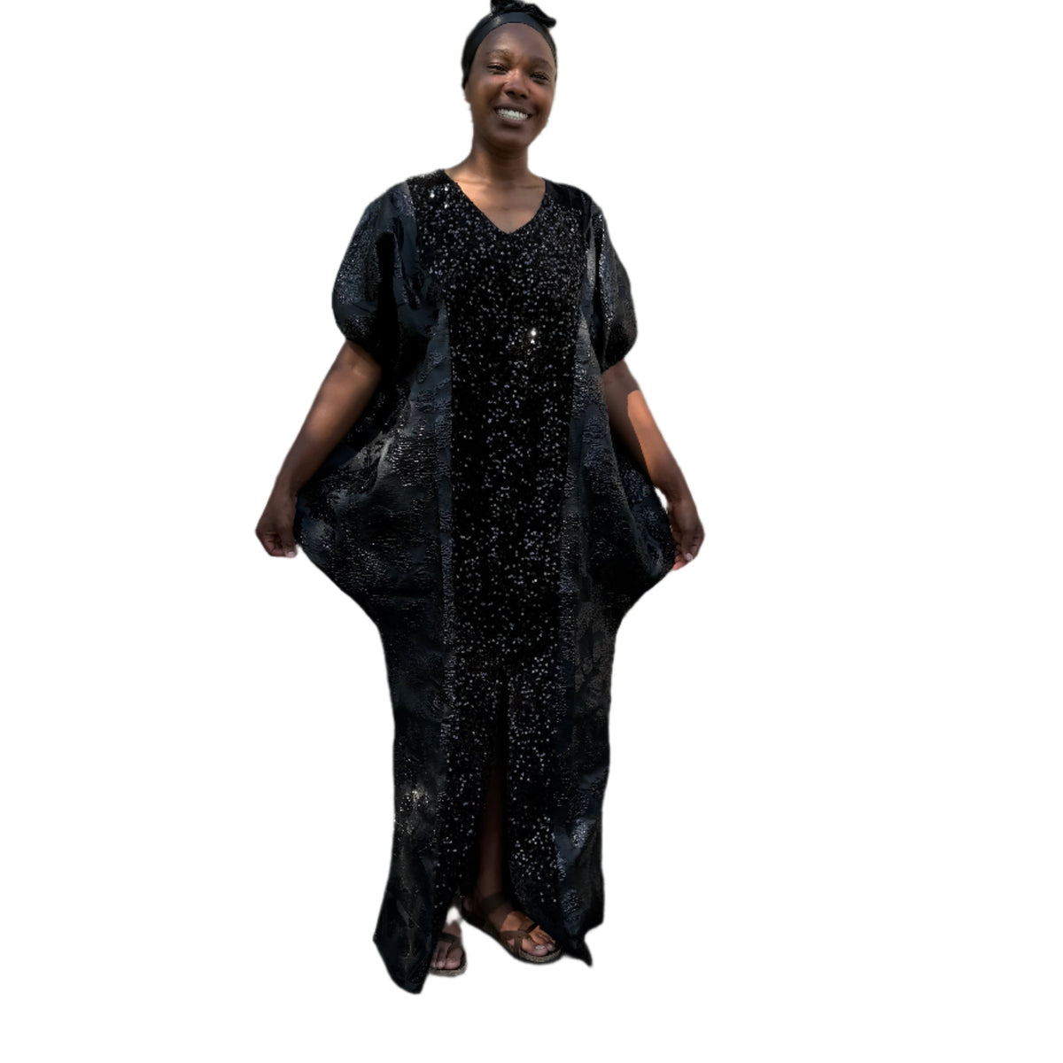 thumbnail image 5 of African Unique Rich Aunty Black Damask Brocade Boubou/Maxi Dress, 5 of 6