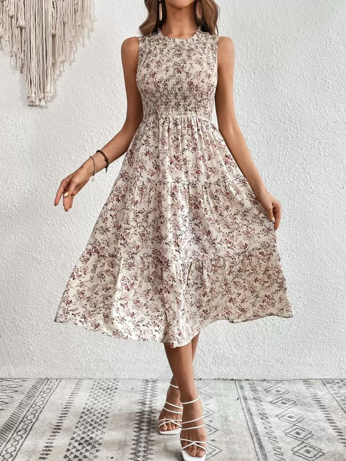 thumbnail image 6 of White Floral Smocked Sleeveless Tiered Midi Dress For Women, 6 of 30