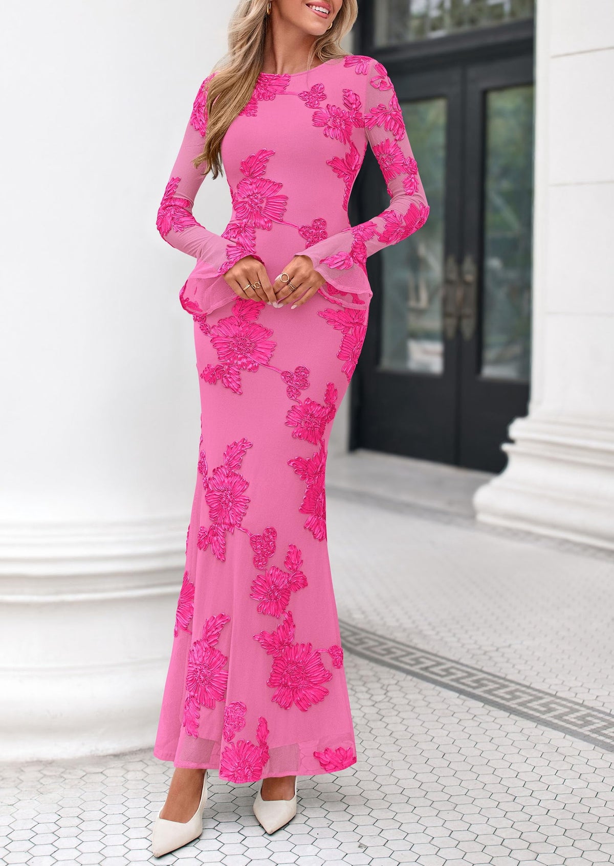 thumbnail image 3 of PRETTYGARDEN Women's Formal Floral Maxi Bodycon Dresses Ruffle Long Sleeve, Fall Winter Outfits for Wedding Guest, Homecoming & Cocktail, Slimming Mesh Dress with Lining, 3 of 9