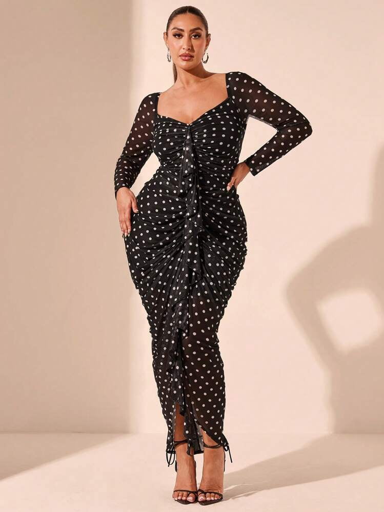 thumbnail image 5 of Black Long Sleeve Ruched Maxi Dress with Polka Dot Print, 5 of 7