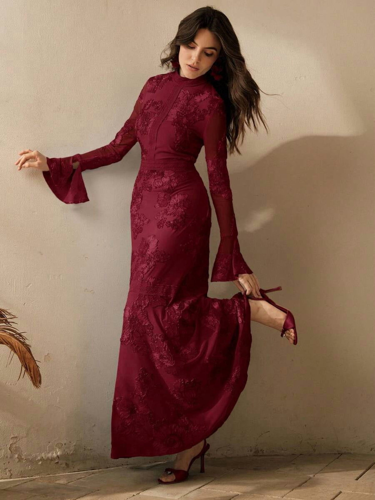 thumbnail image 4 of Burgundy Floral Embroidered High-Neck Long Sleeve Maxi Dress For Women, 4 of 14