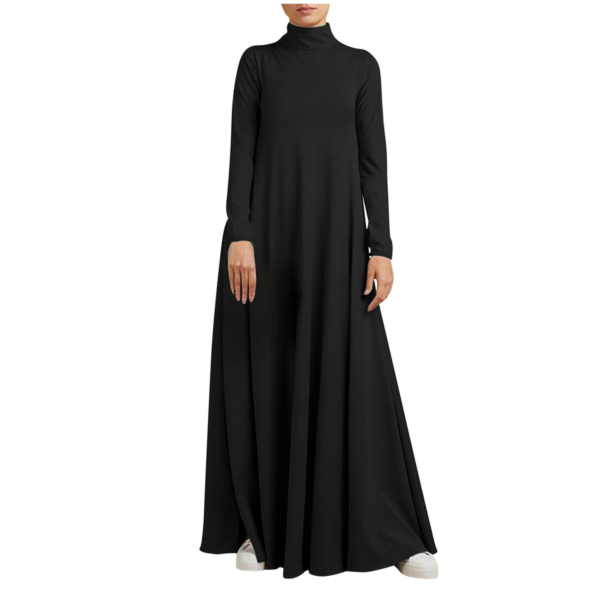thumbnail image 1 of asdoklhq Summer Dress Maxi Dresses Women's Plus Size Casual Dress High Collar Solid Color Long Sleeve Winter Fall Basic Casual Maxi Long Dress Daily Vacation Dress Black 5X, 1 of 6