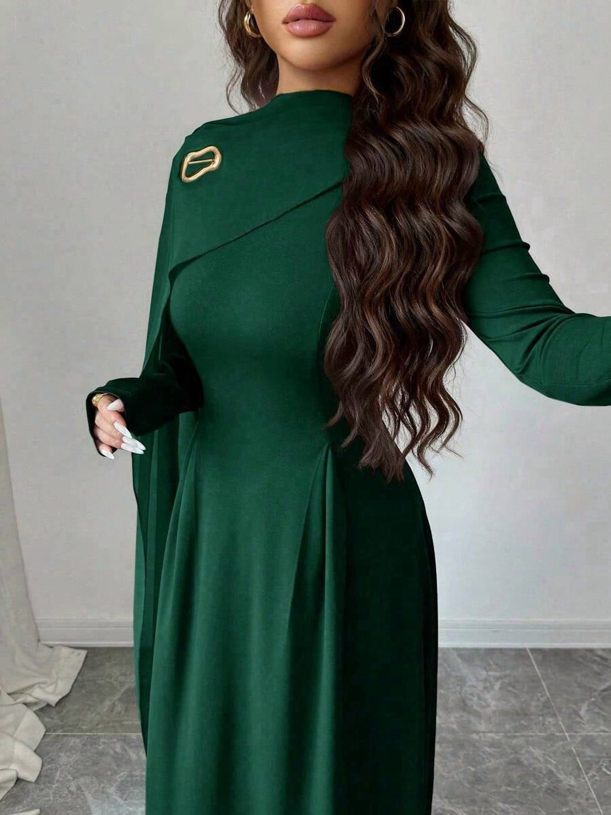 thumbnail image 5 of Elegant Dark Green Chiffon Patchwork High Neck Long Sleeve A-Line Dress, 5 of 6