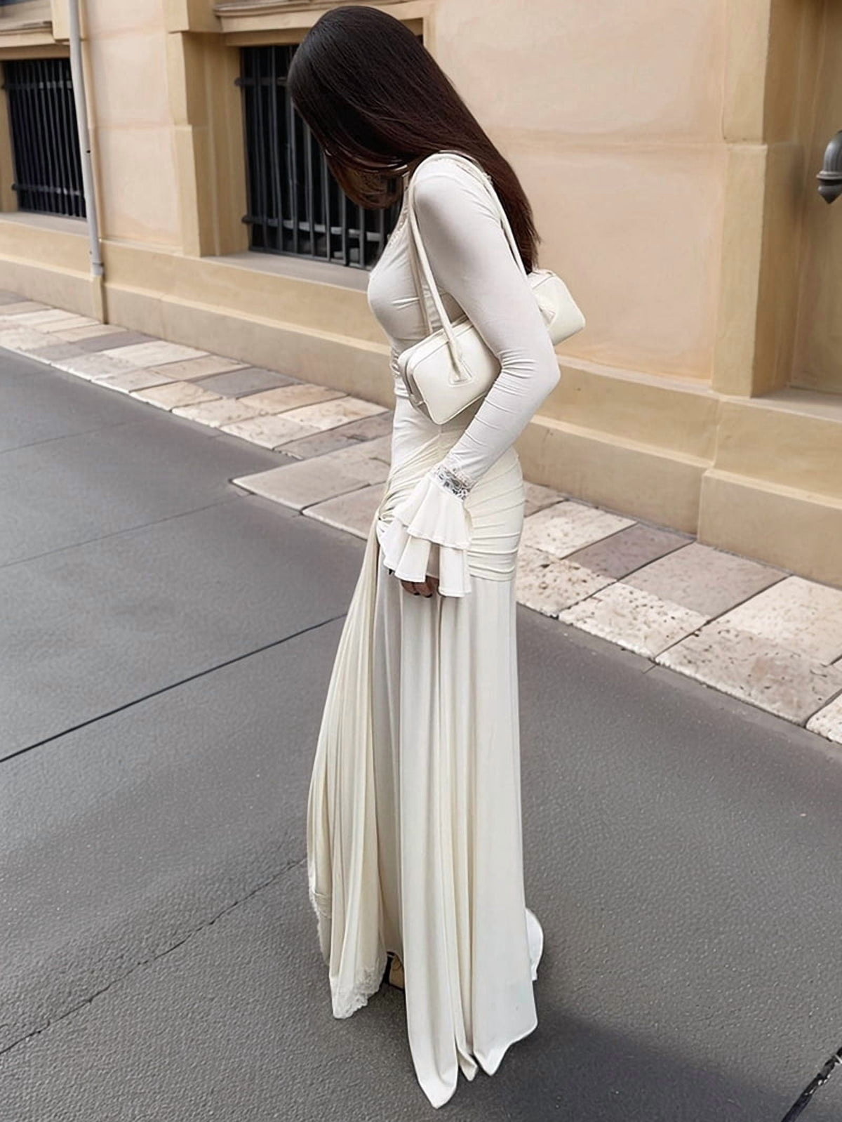 thumbnail image 5 of Jaimenalin Long Sleeve Bodycon Dress for Women V Neck Flare Sleeve Lace Maxi Dress White S, 5 of 9