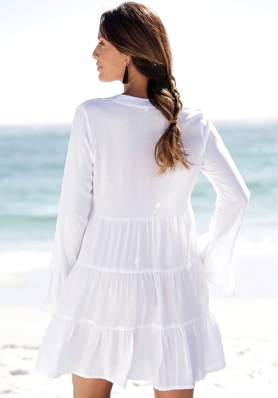 thumbnail image 3 of LASCANA Women's Flowy Flared Sleeve Dress Lace Trim, 3 of 5