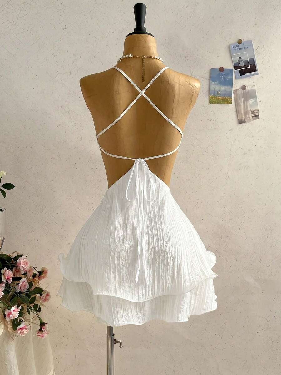 thumbnail image 2 of Women White Boho Beach Mini Dress, Hollow Out Floral Backless Summer, 2 of 9