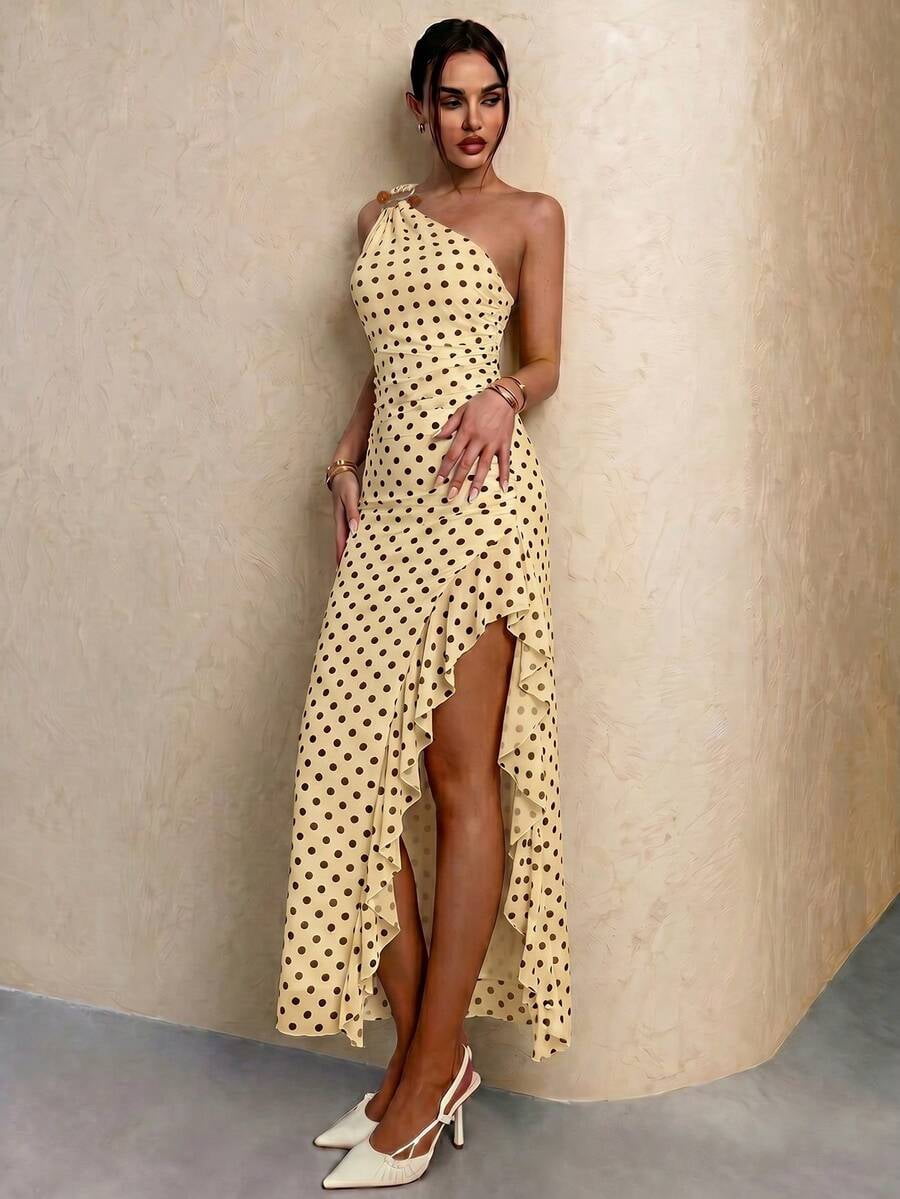 thumbnail image 3 of Womens Yellow Polka Dot One Shoulder Long Dress, Ruffle Hem Slit, 3 of 10