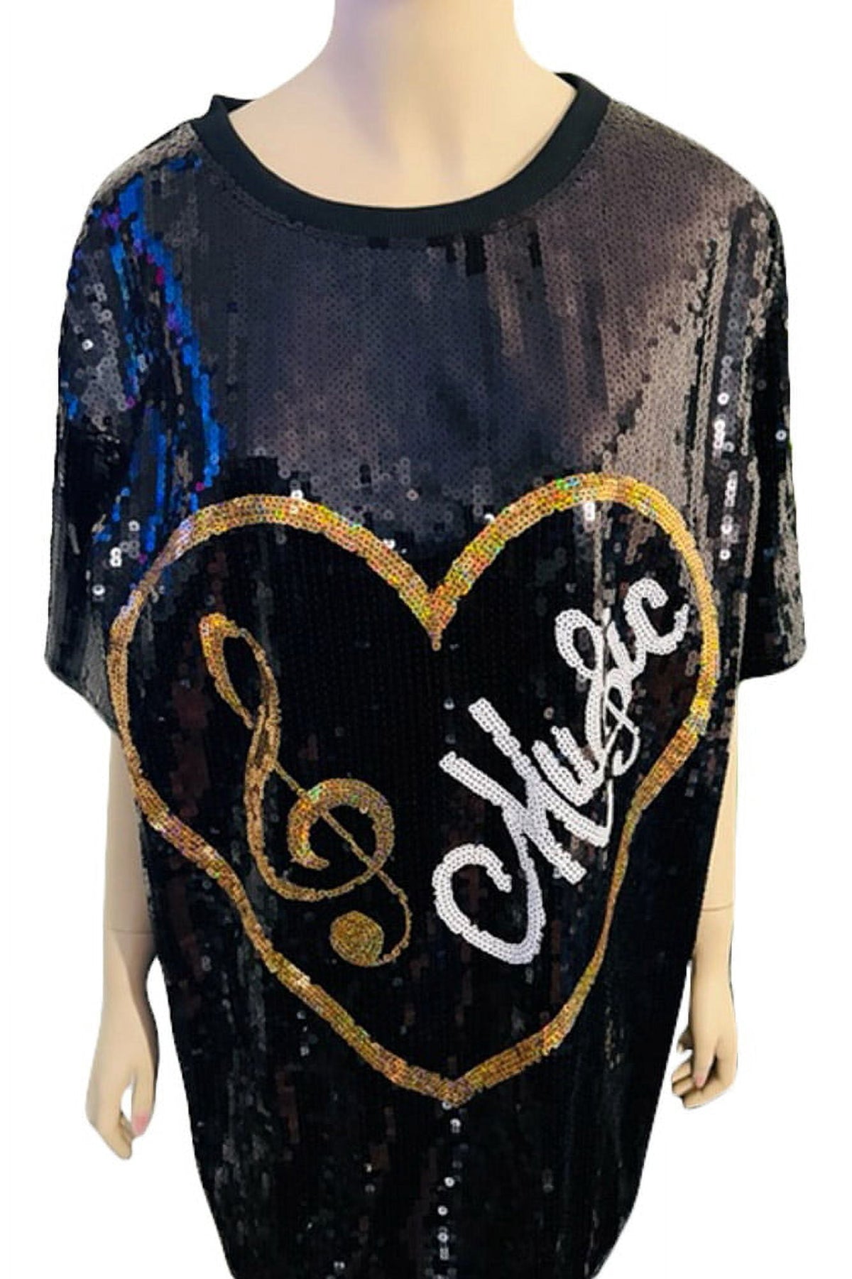 thumbnail image 4 of 2Chique Boutique Women's Sequin T Shirt Dress Heart Music Treble Clef One Size Black, 4 of 6