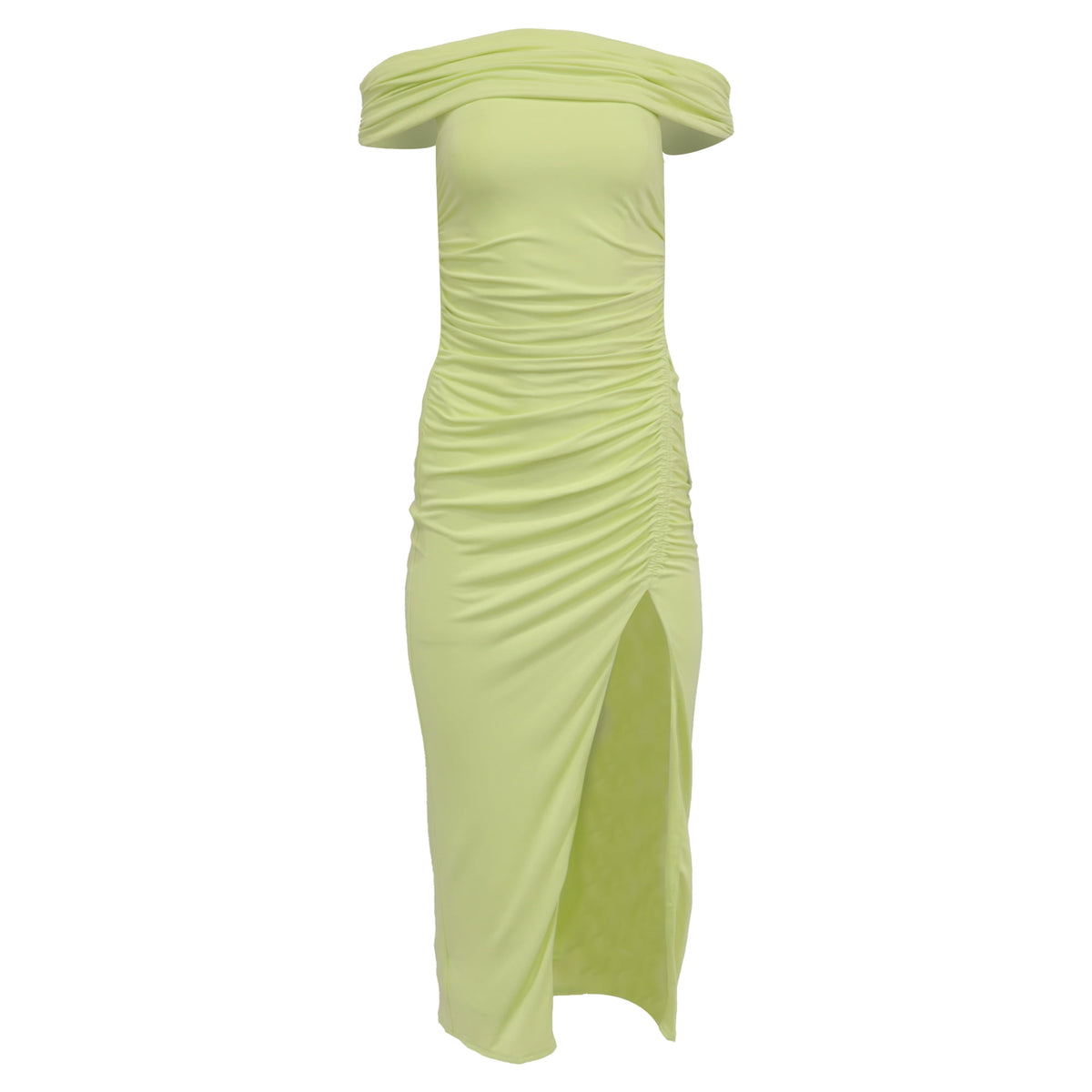 thumbnail image 1 of Pre-Owned Self-Portrait Off-Shoulder Ruched Midi Dress in Lime Green Viscose, 1 of 6