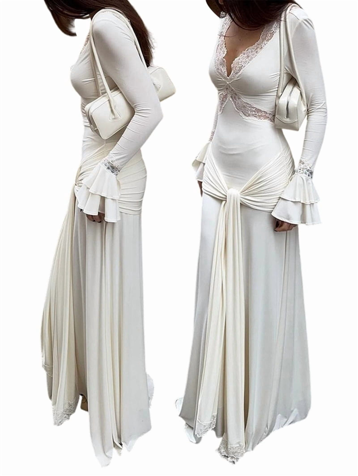 thumbnail image 3 of Jaimenalin Long Sleeve Bodycon Dress for Women V Neck Flare Sleeve Lace Maxi Dress White S, 3 of 9