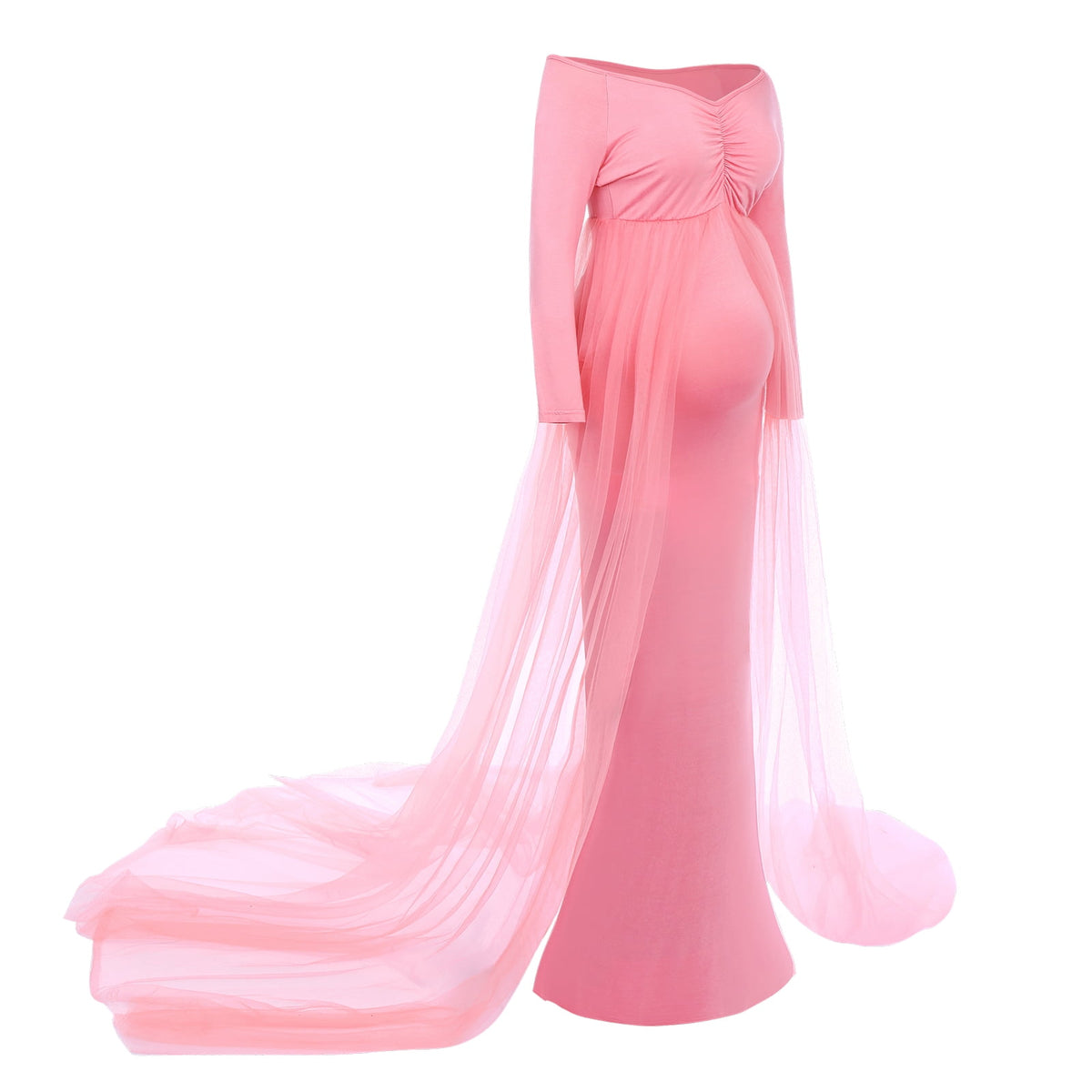 thumbnail image 3 of IBTOM CASTLE Pregnant Women Elegant Maternity Off Shoulders Half Circle Mermaid Chiffon Fitted Gown Slim Maxi Photography Dress L Pink, 3 of 8