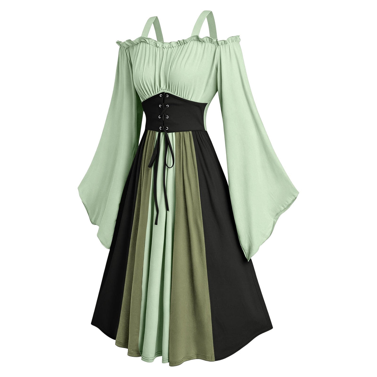 thumbnail image 3 of AJGRHE Women Plus Size Renaissance Dress Cold Shoulder Underbust Corset Irish Dres, Short Sleeves Midi Dress, Victorian Goth Cosplay Dress Light Green S, 3 of 7