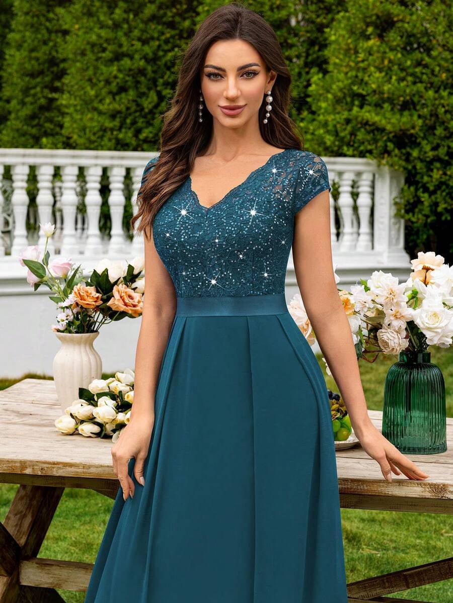 thumbnail image 6 of Dusty Blue V-Neck Sequin Lace Short Sleeve A-Line Evening Gown, 6 of 28
