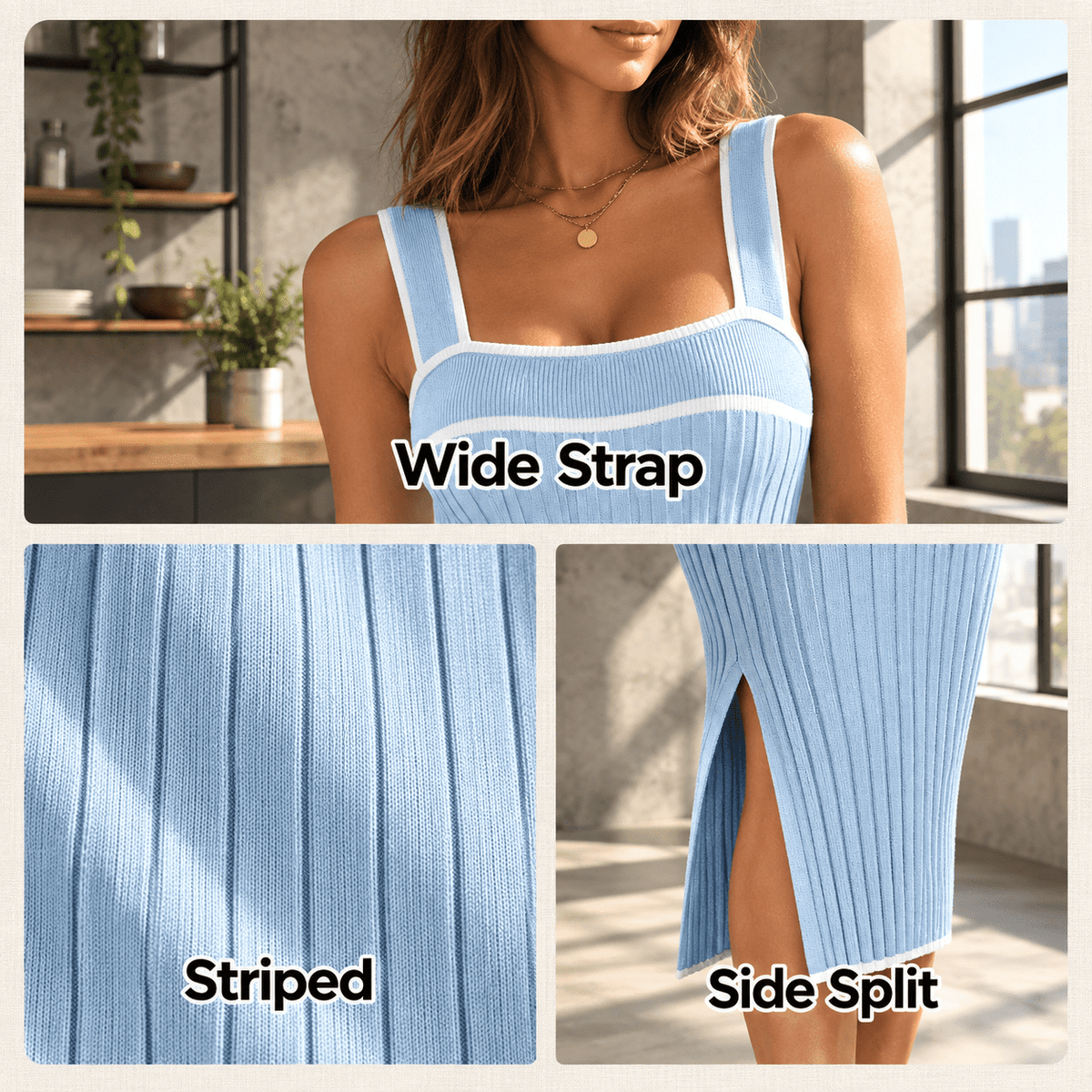 thumbnail image 5 of Womens Lightblue Striped Ribbed Knit Bodycon Midier Dress X-Small, 5 of 7