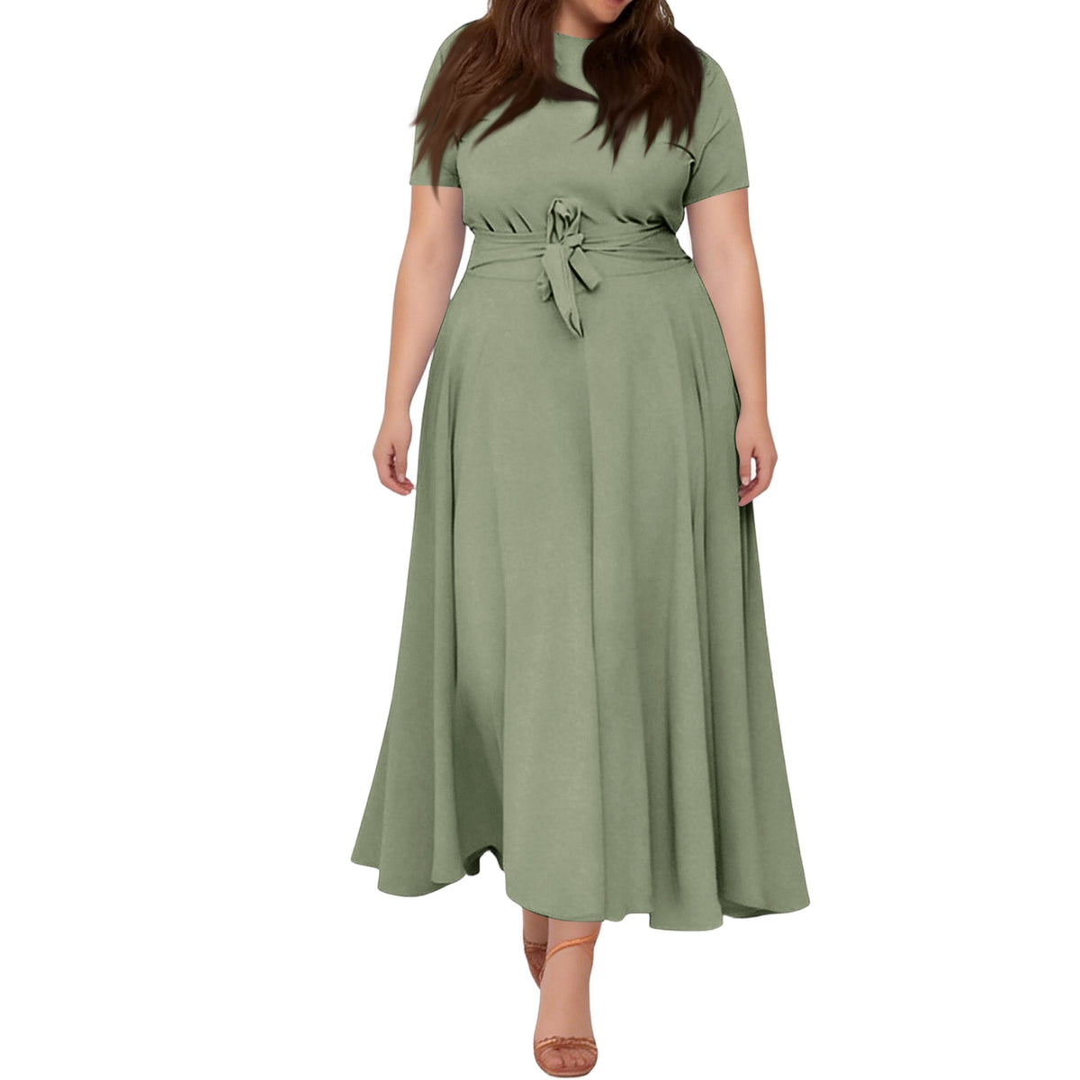 thumbnail image 6 of Laqbezok Elegant Plus Size Women's Fit and Flare Dress, Round Neck Short Sleeve Maxi Dress with Waist Tie, Comfortable Office to Party Pocket Dress, 6 of 8