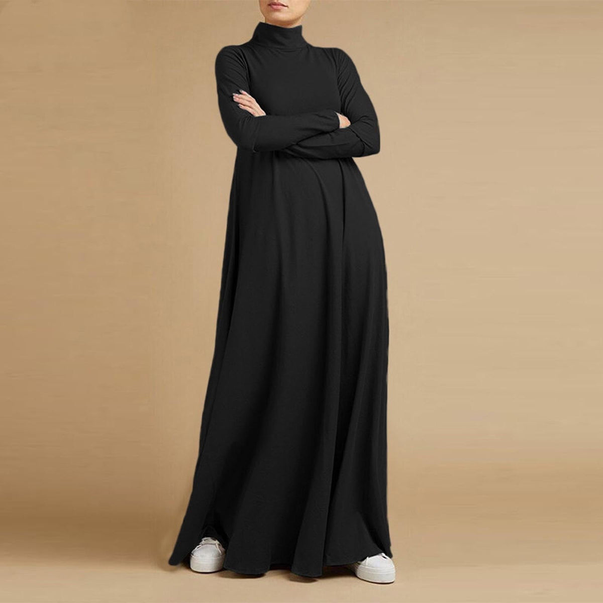 thumbnail image 6 of asdoklhq Summer Dress Maxi Dresses Women's Plus Size Casual Dress High Collar Solid Color Long Sleeve Winter Fall Basic Casual Maxi Long Dress Daily Vacation Dress Black 5X, 6 of 6