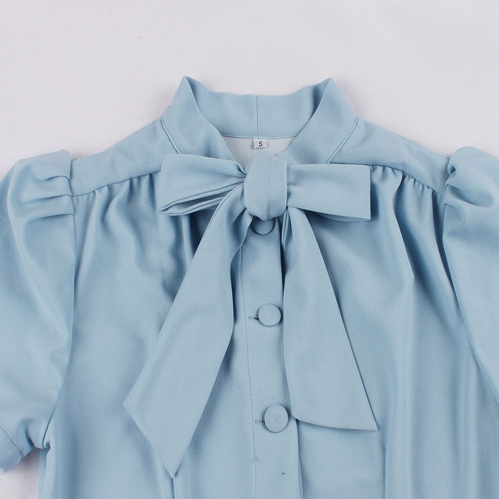 thumbnail image 3 of IBTOM CASTLE Women Vintage V Neck Ruffle Swing Dress 50s 60s Button up Rockabilly Prom Cocktail Party Midi Evening Dress S Light Blue - Bowknot, 3 of 8