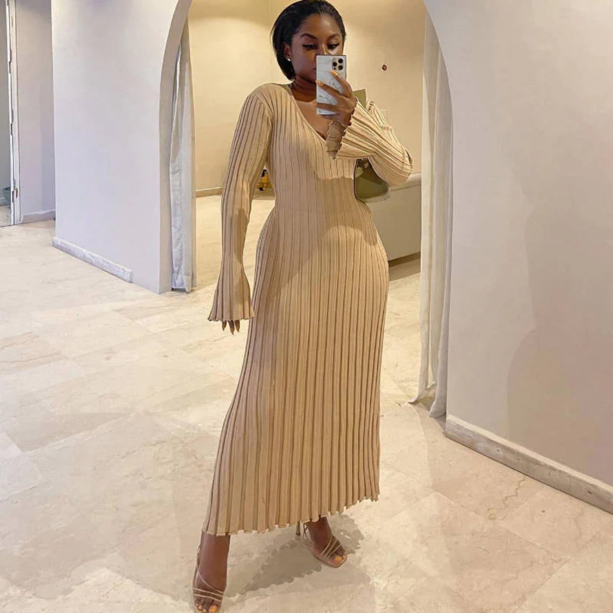 thumbnail image 4 of Casual Waist-skimming V-neck Large Pit-striped Slim Knitted Maxi Dress For Women, 4 of 4