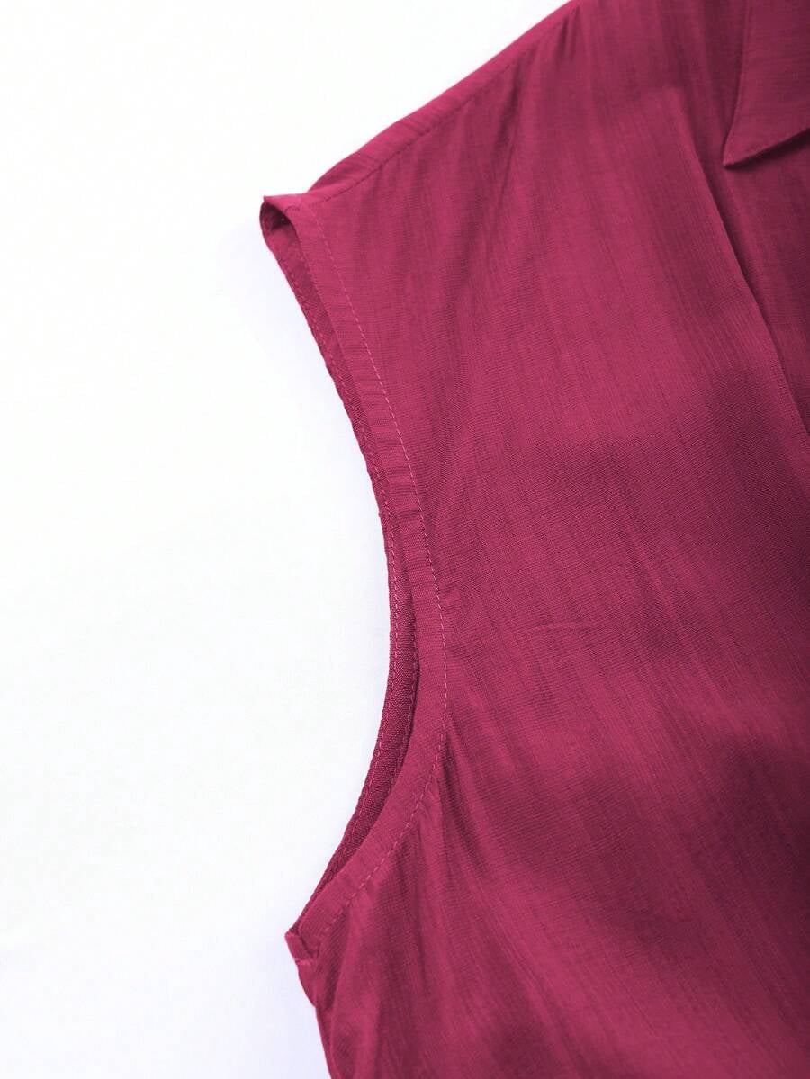 thumbnail image 4 of Womens Red Violet Sleeveless Linen Shirt Collar V-Neck A-Line Midi Dress, 4 of 5