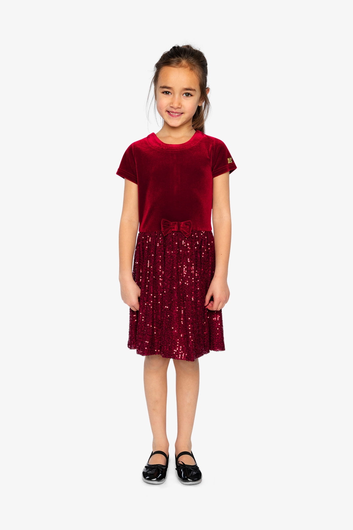 thumbnail image 2 of Deux Par Deux Girl Bi-Material Short Sleeve Dress With Glittering Skirt Red, 2 of 6