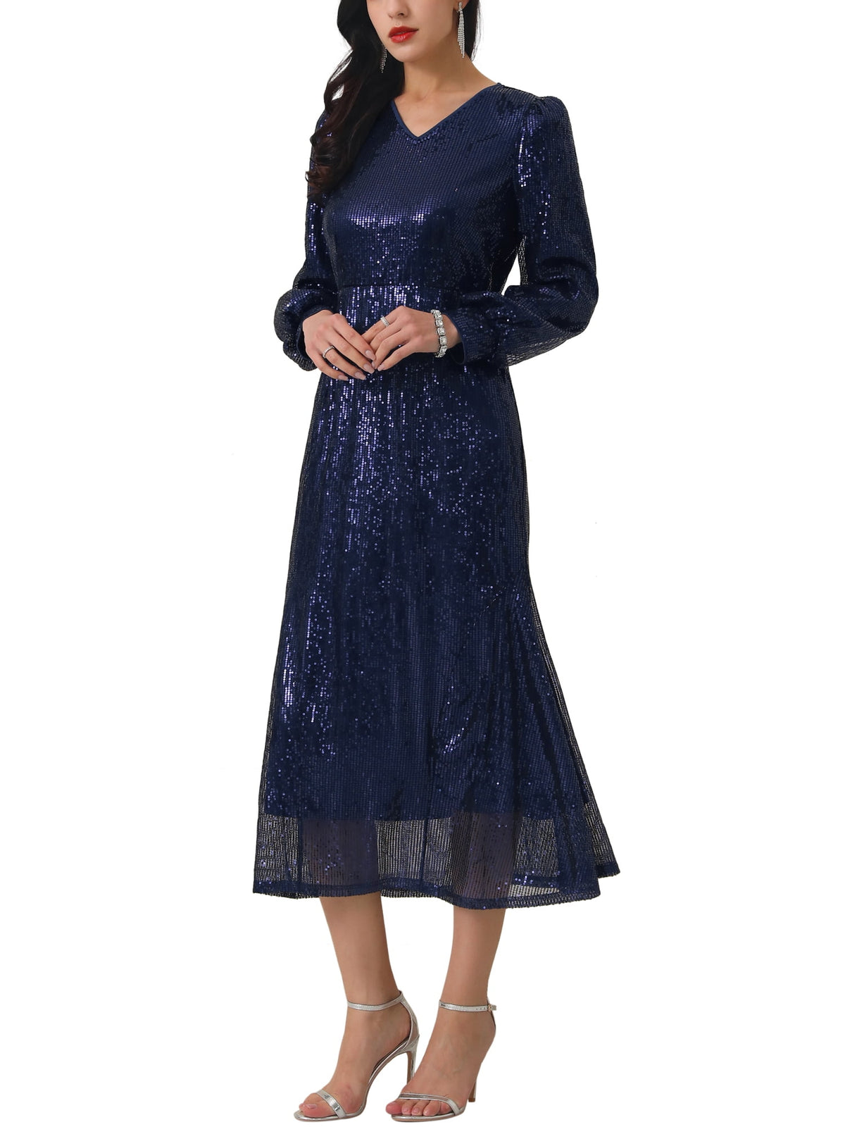 thumbnail image 4 of INSPIRE CHIC WOMLAYOUT Women's Sequin Sparkly Dresses Long Sleeve V Neck Cocktail Party Midi Dress S Deep Blue, 4 of 6