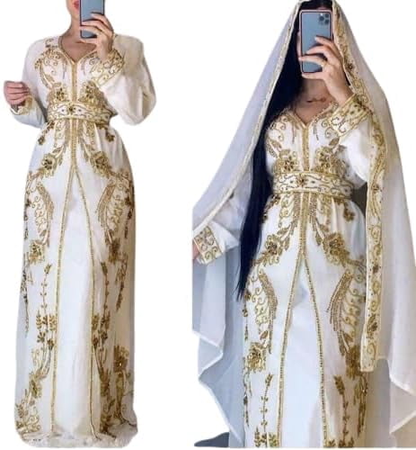 thumbnail image 2 of Women's Embroidered Maxi Kaftan Dress, Long Sleeve Elegant Caftan Gown, Floor Length Resort, Vacation, Evening, Party & Lounge Wear, White, Large, 2 of 2