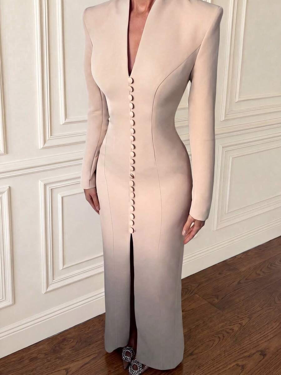 thumbnail image 6 of Elegant Khaki Long Sleeve Maxi Dress with High Slit and Button Detail, 6 of 10