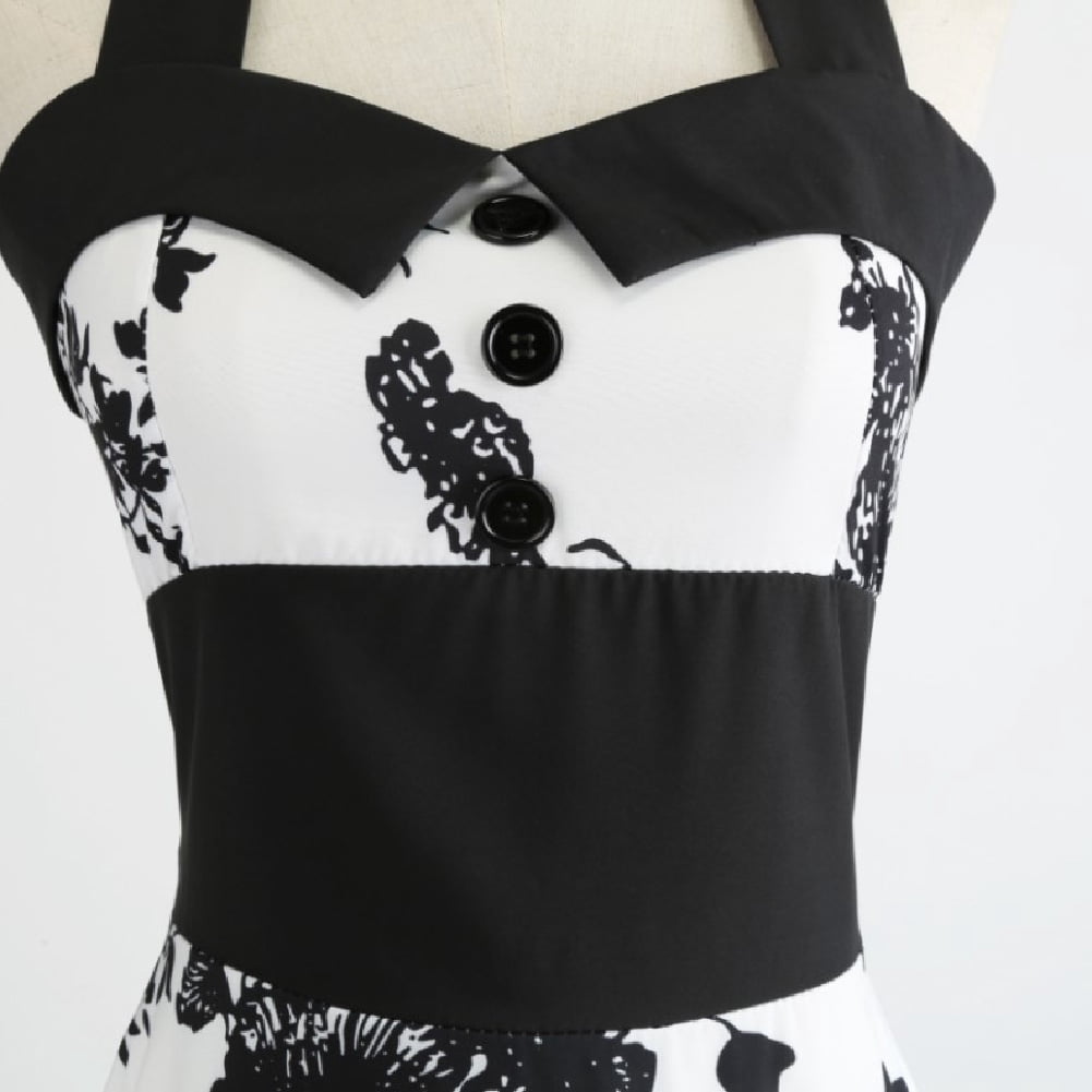 thumbnail image 4 of IBTOM CASTLE Women Vintage 50's 60's Rockabilly Audrey Hepburn Tea Dress Halter Polka Dot Wedding Cocktail 1950s Party Swing Short Gown M White + Black Flower, 4 of 8
