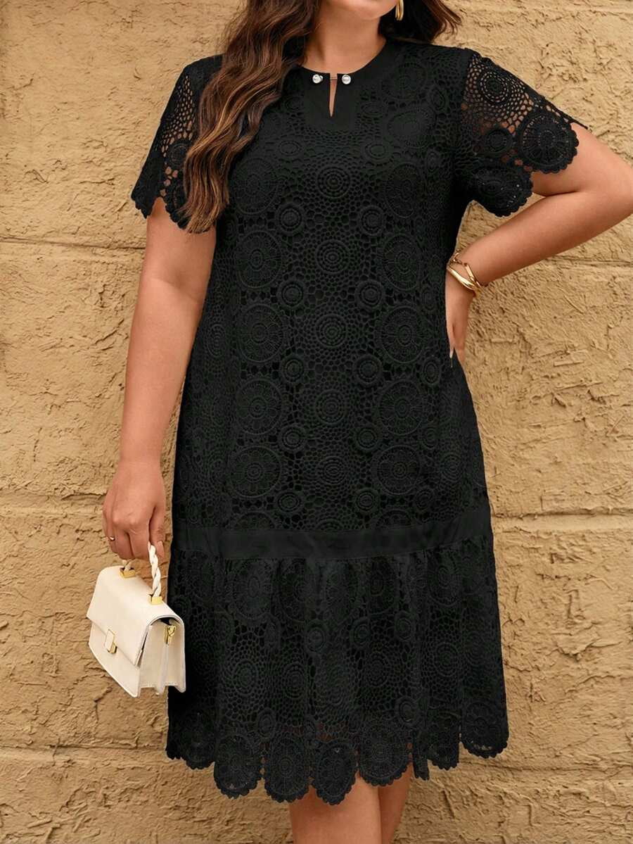 thumbnail image 5 of Plus Size Black Lace Dress with Tiered Ruffle Hem and Scalloped Edges, 5 of 7