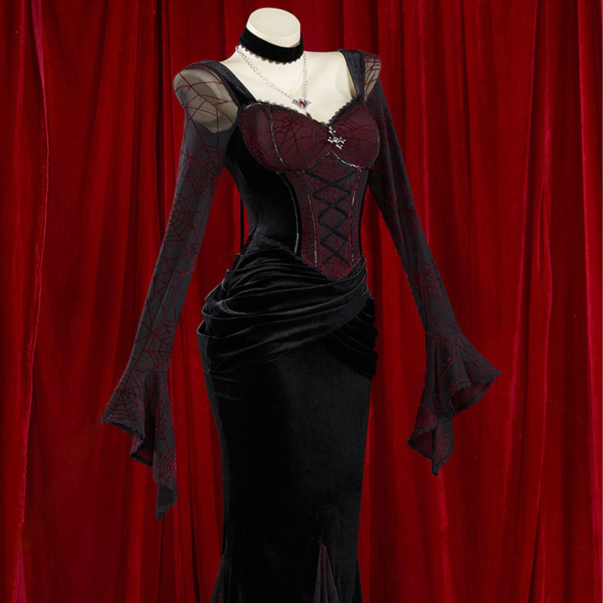 thumbnail image 2 of MEOWCOS Women's Gothic Bodycon Dress Spiderweb Pattern Fishtail Long Dress with Choker and Necklace, 2 of 7