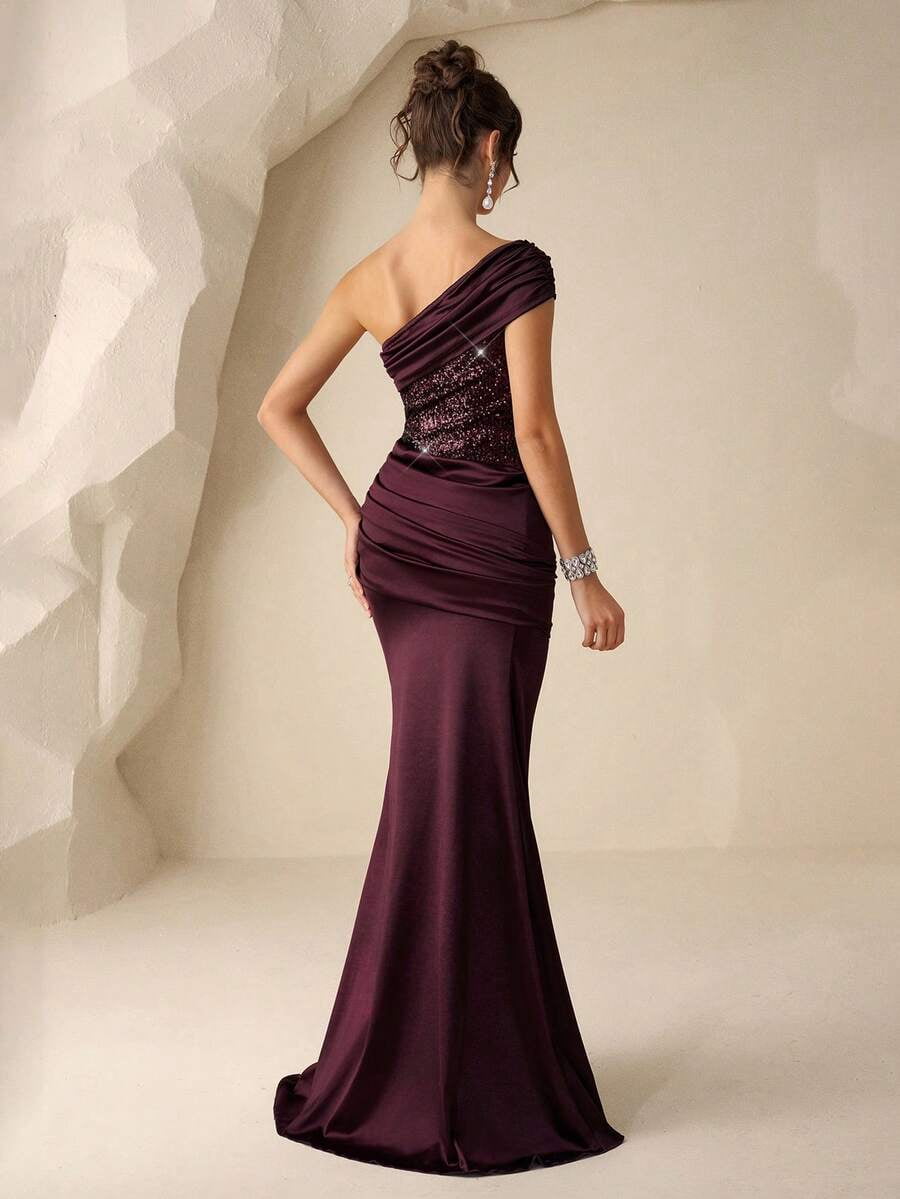 thumbnail image 2 of Burgundy One-Shoulder Sequin Bodice Mermaid Satin Evening Gown, 2 of 30
