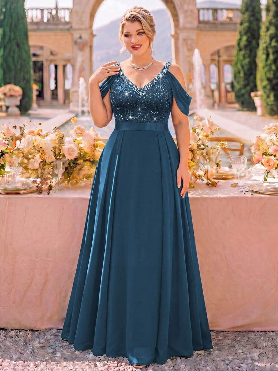 thumbnail image 5 of Plus Size Dusty Blue Sequin V-Neck Cold Shoulder Cape Sleeve Pleated, 5 of 9