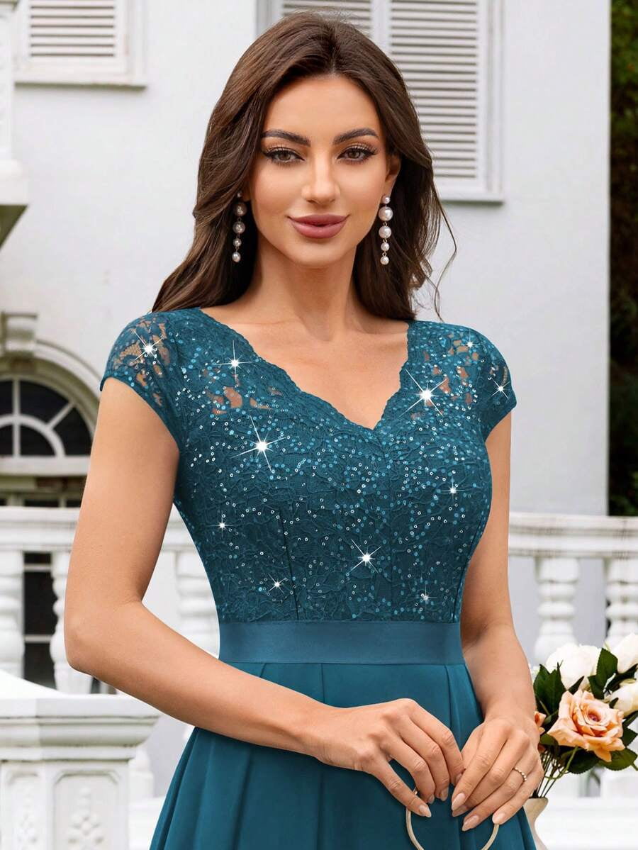 thumbnail image 5 of Dusty Blue V-Neck Sequin Lace Short Sleeve A-Line Evening Gown, 5 of 28