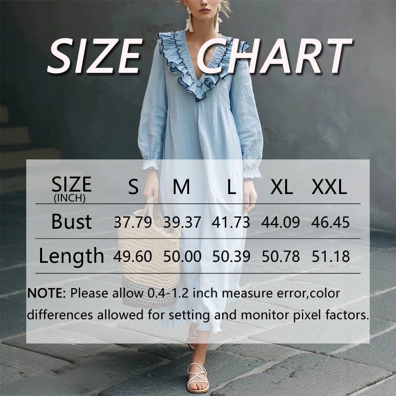thumbnail image 2 of Morttic Women's Boho V-Neck Ruffle Collar Puff Sleeve Maxi Dress – Loose Flowy Summer Beach Holiday Dress with Frill Hem Blue，S, 2 of 2