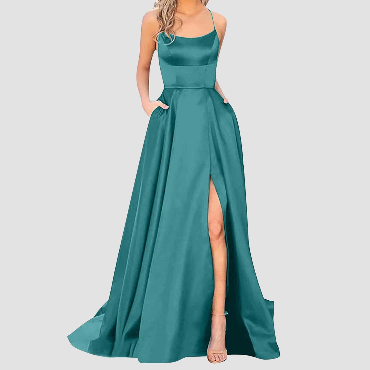 thumbnail image 2 of HONHUZH Homecoming Dresses for Teens Solid Color Off Back Strap Long Dress Slim Off Shoulder Evening Dress S, 2 of 5