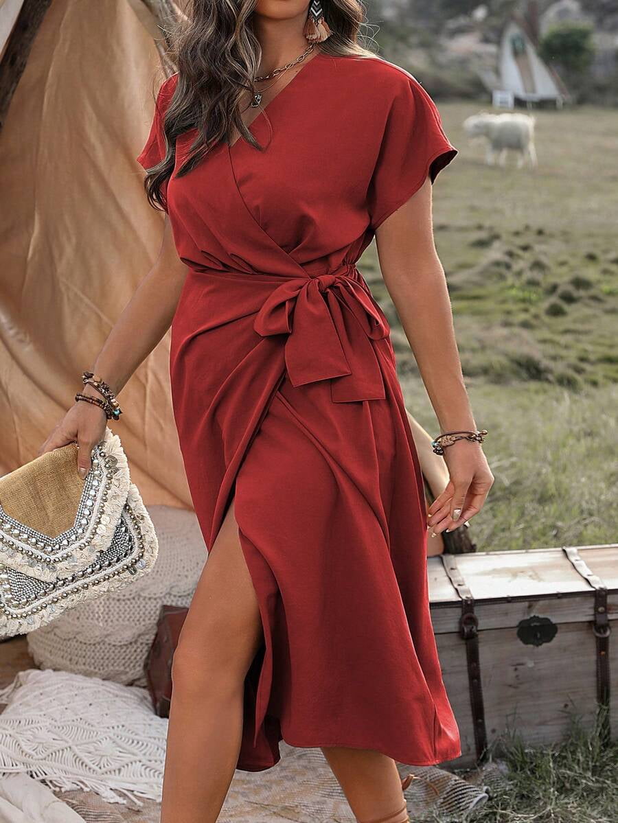 thumbnail image 4 of Plus Size Burgundy Wrap Dress With Tie Waist And Side Slit, 4 of 5