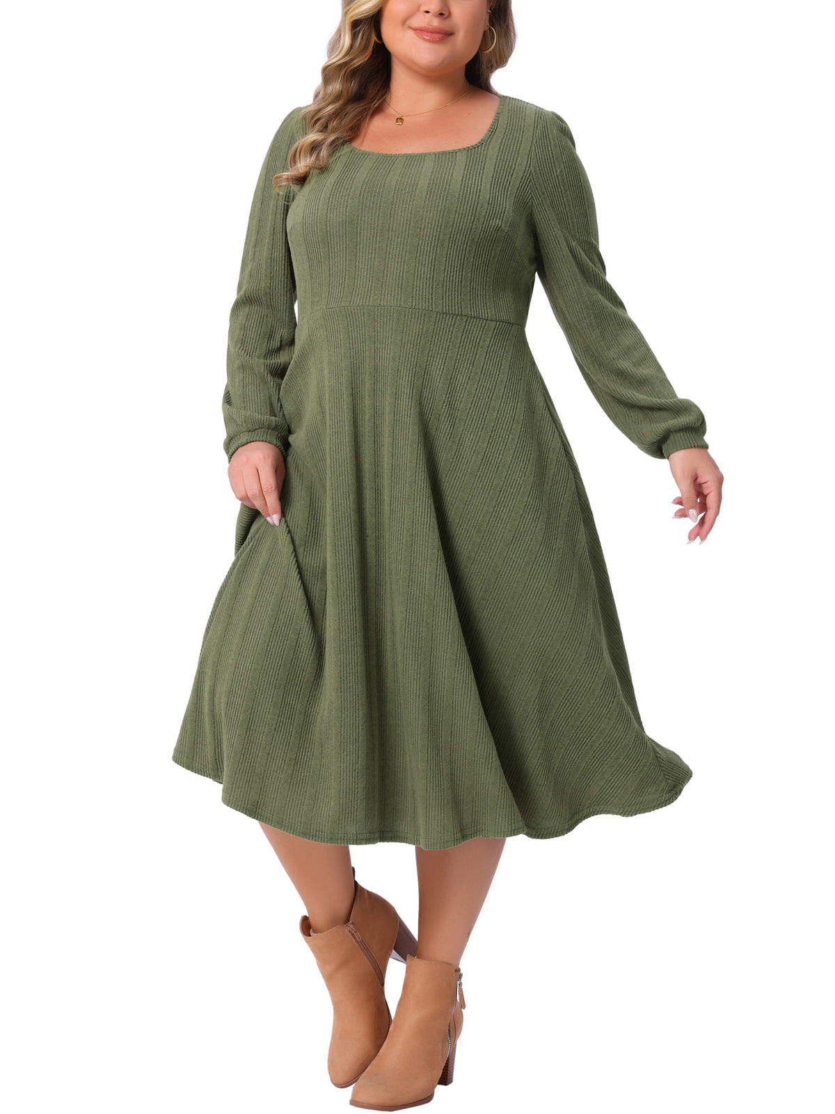 thumbnail image 2 of Agnes Orinda Women's Plus Size Halloween Outfits Long Sleeve Dress Square Neck Pockets Casual Flowy A Line Midi Knit Dresses 1X Army Green, 2 of 6
