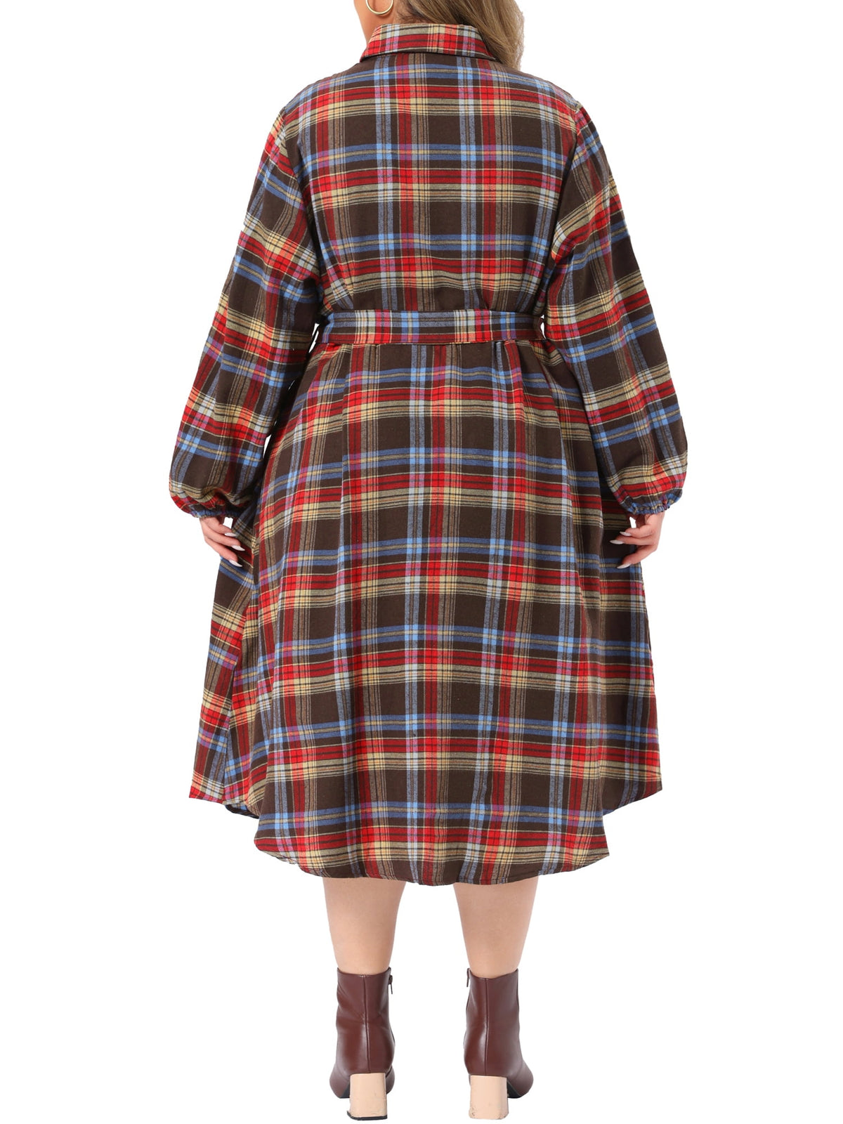 thumbnail image 5 of Agnes Orinda Women's Plus Size Halloween Outfits Shirt Dress Single Breasted Belted Plaid Curved Hem Long Sleeves Fall Casual Dresses with Pockets 3X Khaki, 5 of 8
