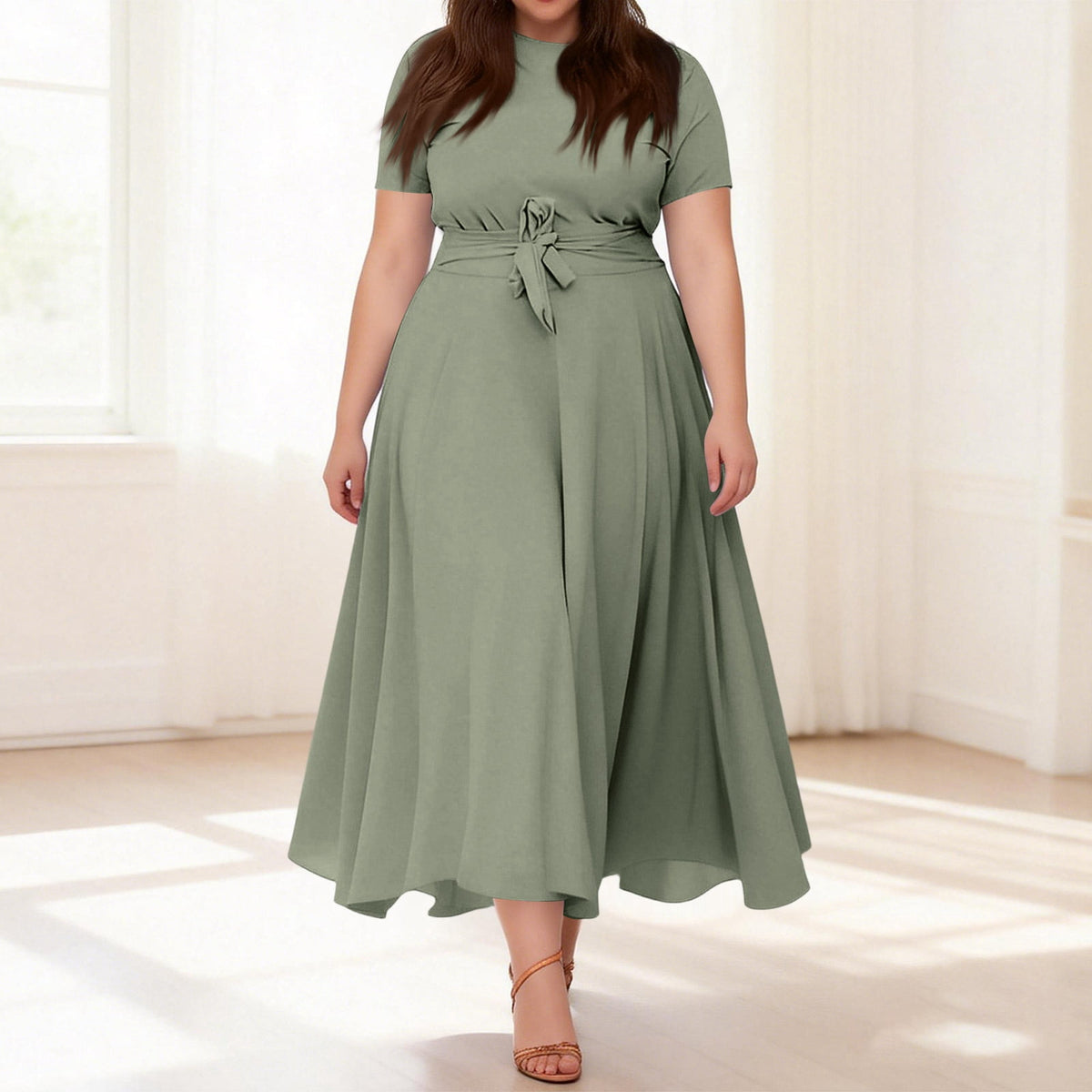 thumbnail image 2 of Laqbezok Elegant Plus Size Women's Fit and Flare Dress, Round Neck Short Sleeve Maxi Dress with Waist Tie, Comfortable Office to Party Pocket Dress, 2 of 8