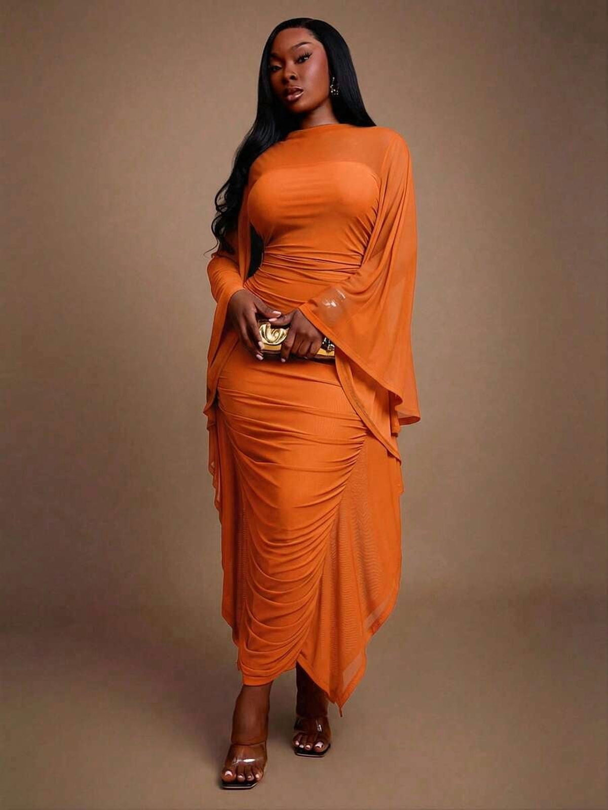 thumbnail image 3 of Womens Orange Ruched Long Sleeve Sheath Dress With Kimono Sleeve, 3 of 6