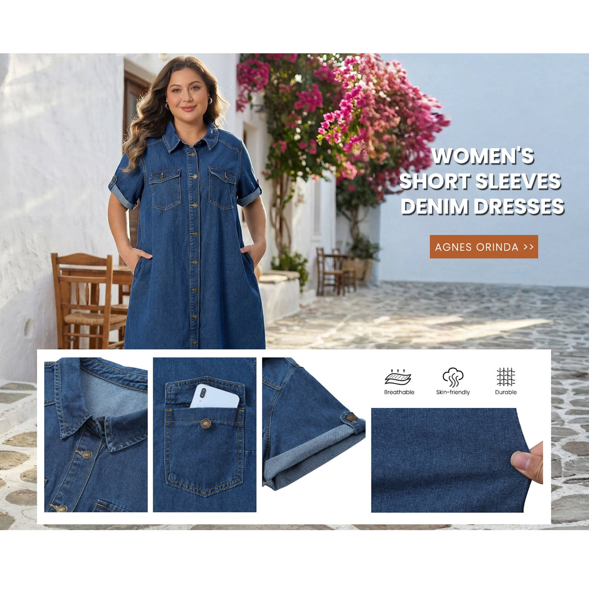 thumbnail image 6 of NOMADIC NOOK Women's Plus Size Smocked Dresses and Button Down Lapel Short Sleeve Midi Summer Casual Denim Jean Shirt Dress with Pockets 3X Light Green/Blue, 6 of 7