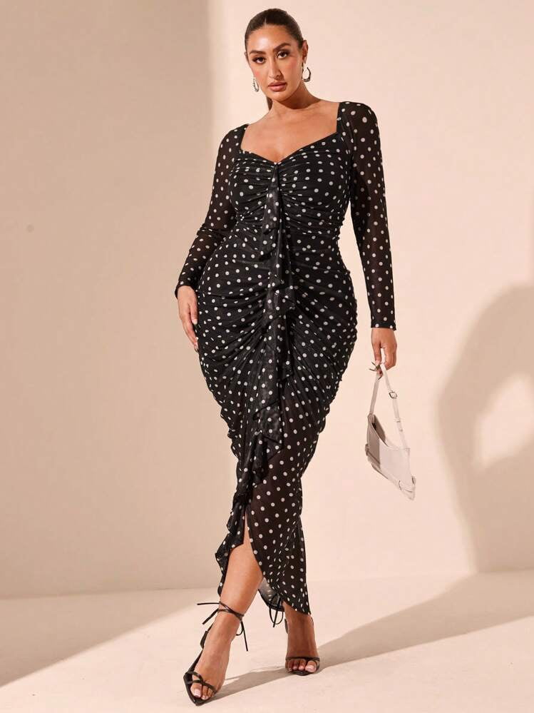 thumbnail image 3 of Black Long Sleeve Ruched Maxi Dress with Polka Dot Print, 3 of 7