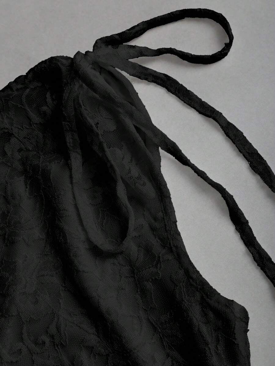 thumbnail image 4 of Black One-Shoulder Asymmetric Lace Peplum Mini Dress With Tie Details For Women, 4 of 6
