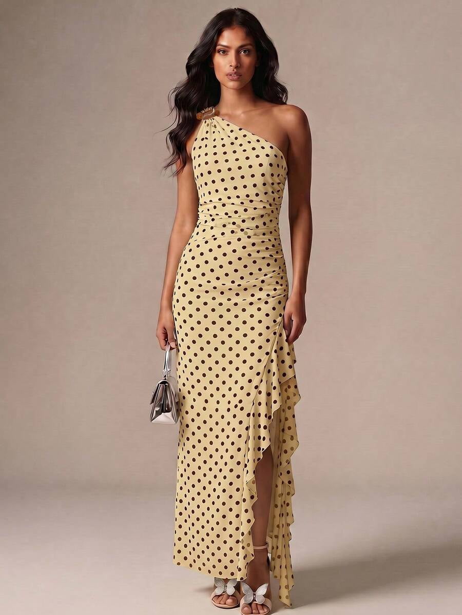 thumbnail image 6 of Womens Yellow Polka Dot One Shoulder Long Dress, Ruffle Hem Slit, 6 of 10