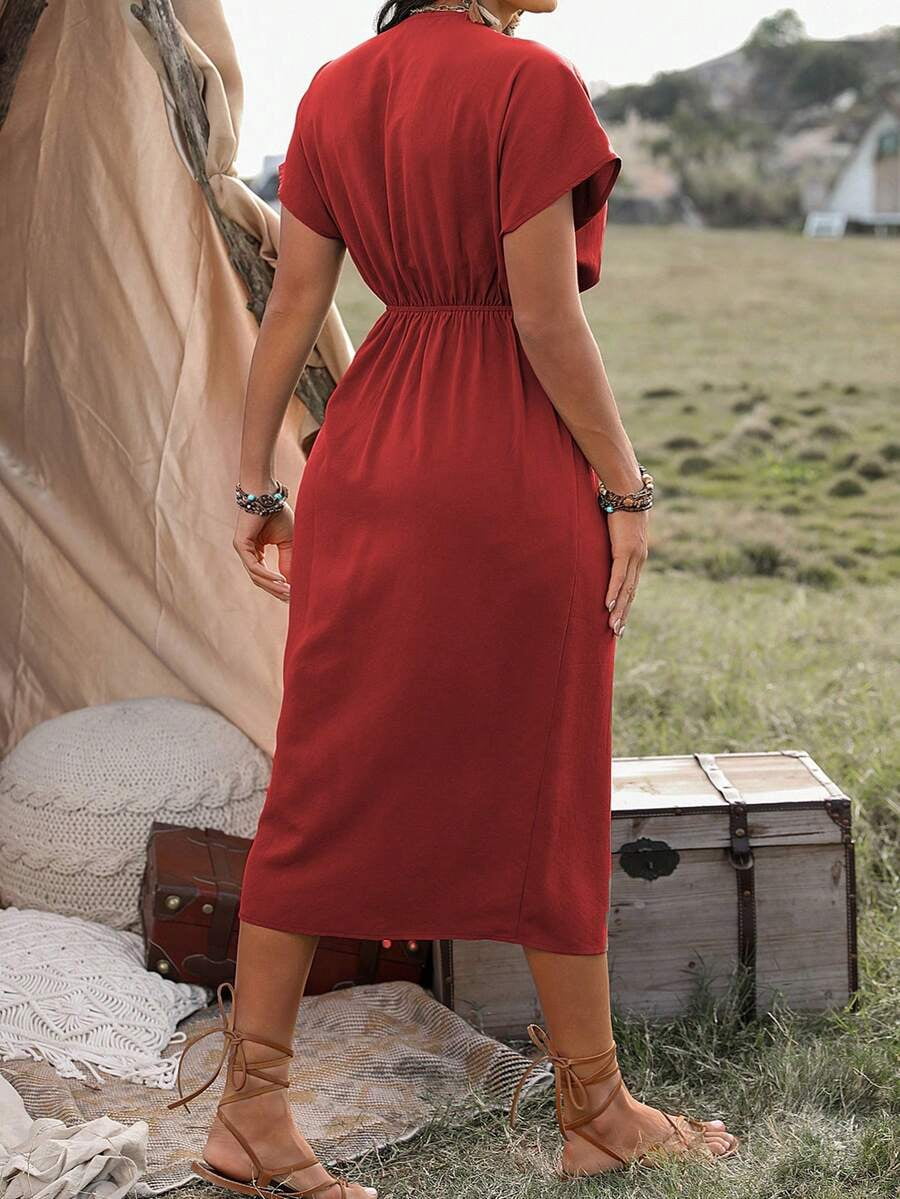 thumbnail image 2 of Plus Size Burgundy Wrap Dress With Tie Waist And Side Slit, 2 of 5