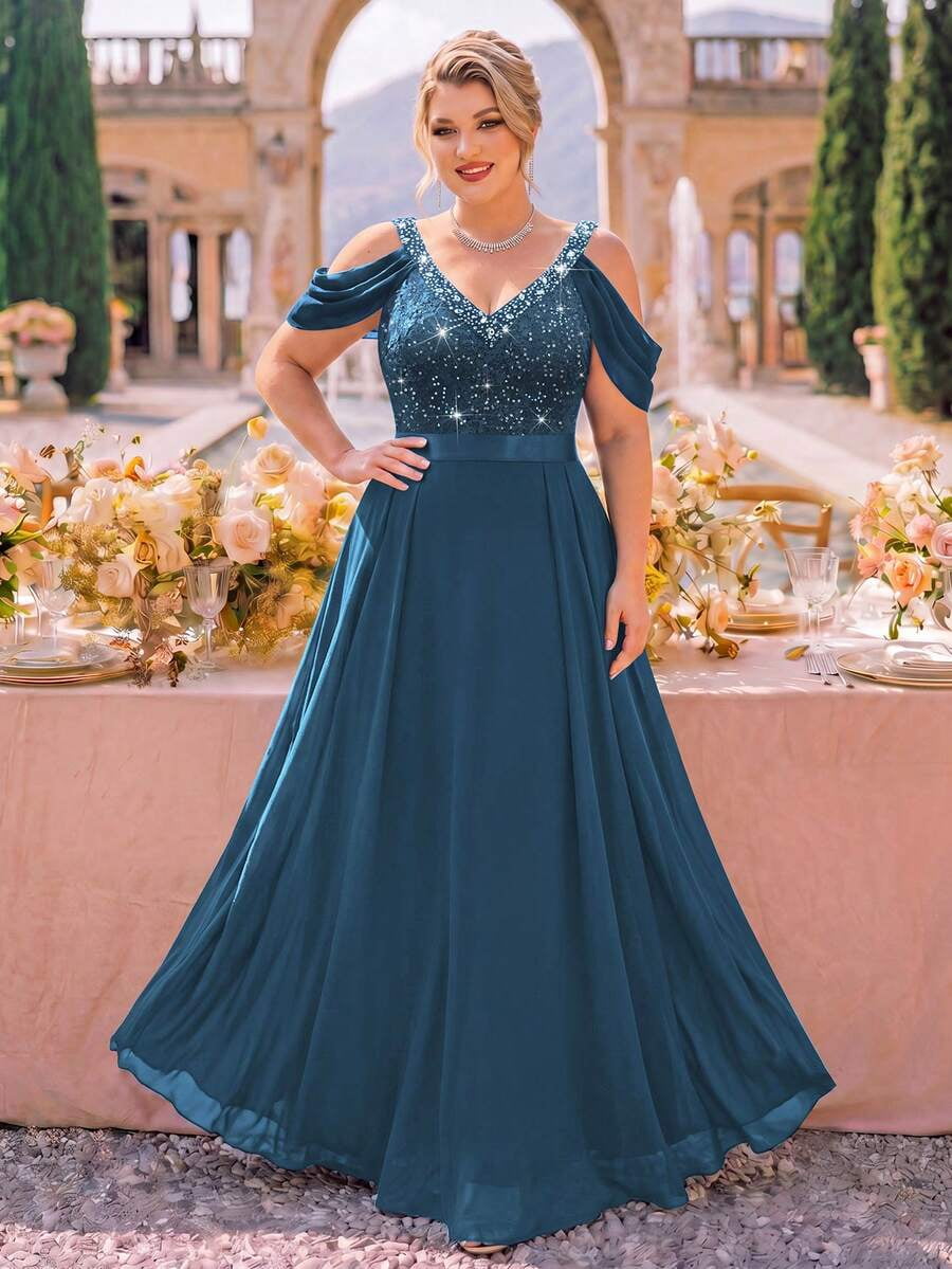 thumbnail image 3 of Plus Size Dusty Blue Sequin V-Neck Cold Shoulder Cape Sleeve Pleated, 3 of 9